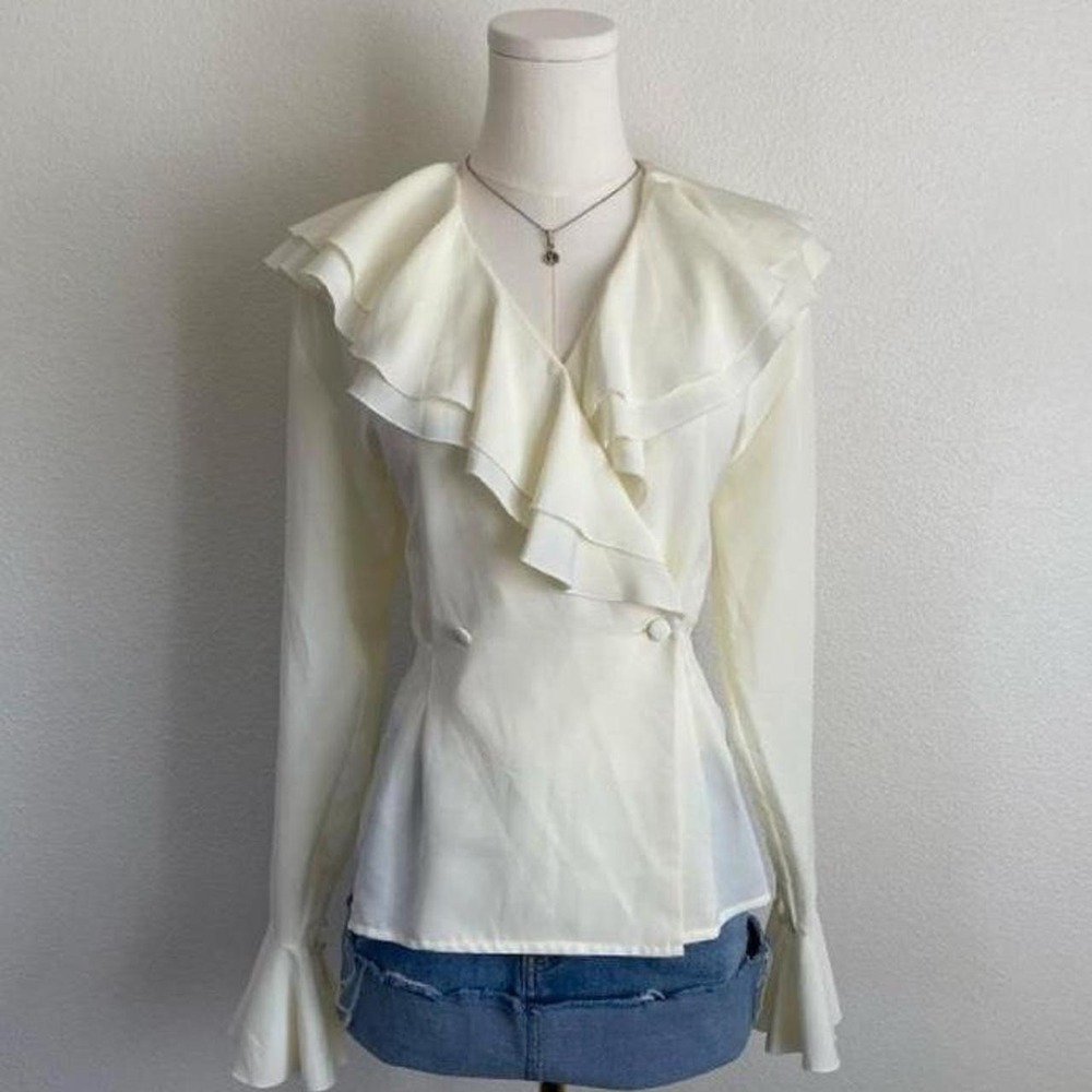 Vintage 1980s Susan Hutton Ruffle Blouse Cascading Ruffle Collar Elegant Formal